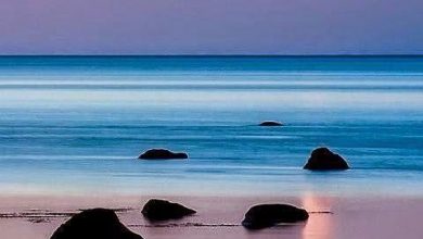 البحر الأزرق وقت غروب الشمس مع السماء البنفسجية 390x220 - صورة البحر الأزرق وقت غروب الشمس مع السماء البنفسجية